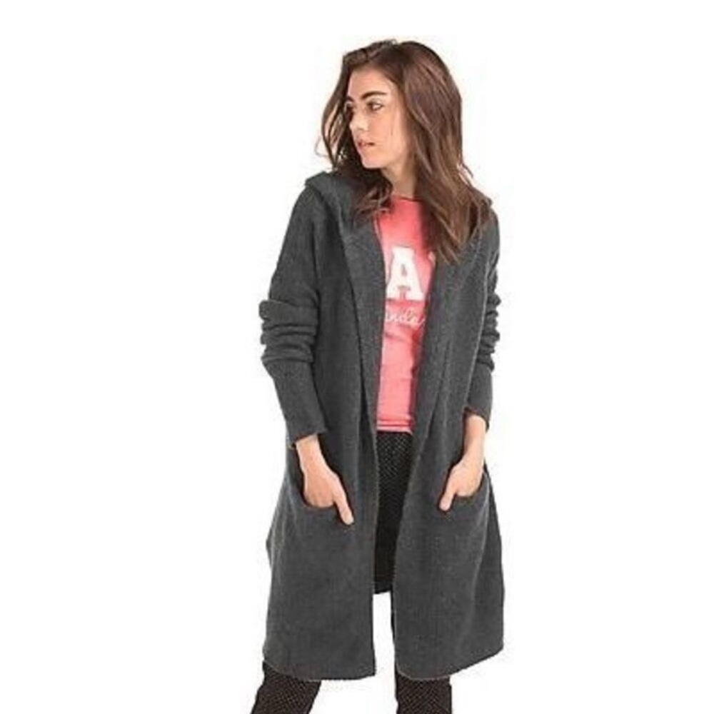 GAP Charcoal Long Hooded Cardigan Sweater - Sz XS - Picture 3 of 9